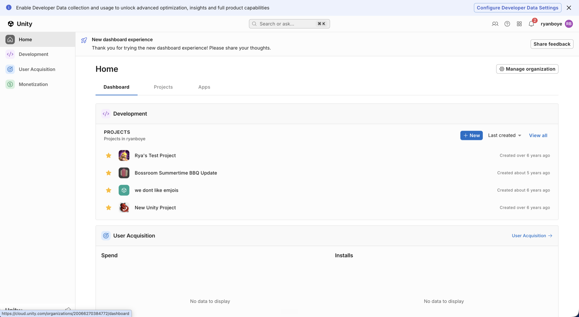 Unity dashboard home bringing development, user acquisition, and monetization into one shared navigation and overview