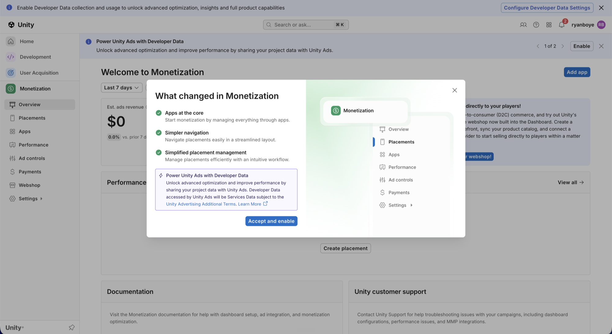 Unity dashboard onboarding for the redesigned monetization experience and developer data controls