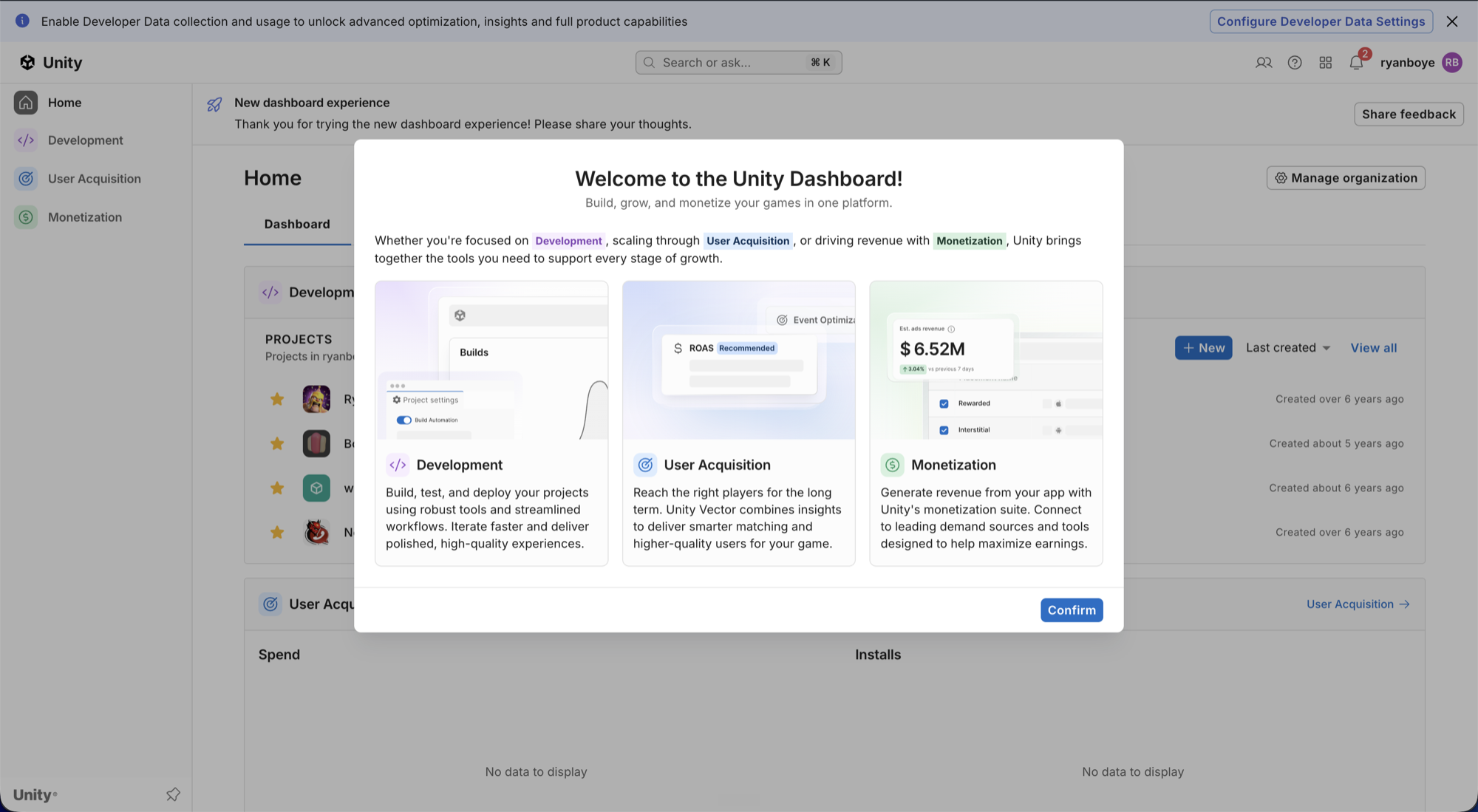 Unity dashboard orientation explaining how development, user acquisition, and monetization work together
