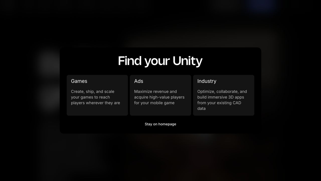 Unity.com product-routing step asking visitors to choose Games, Ads, or Industry