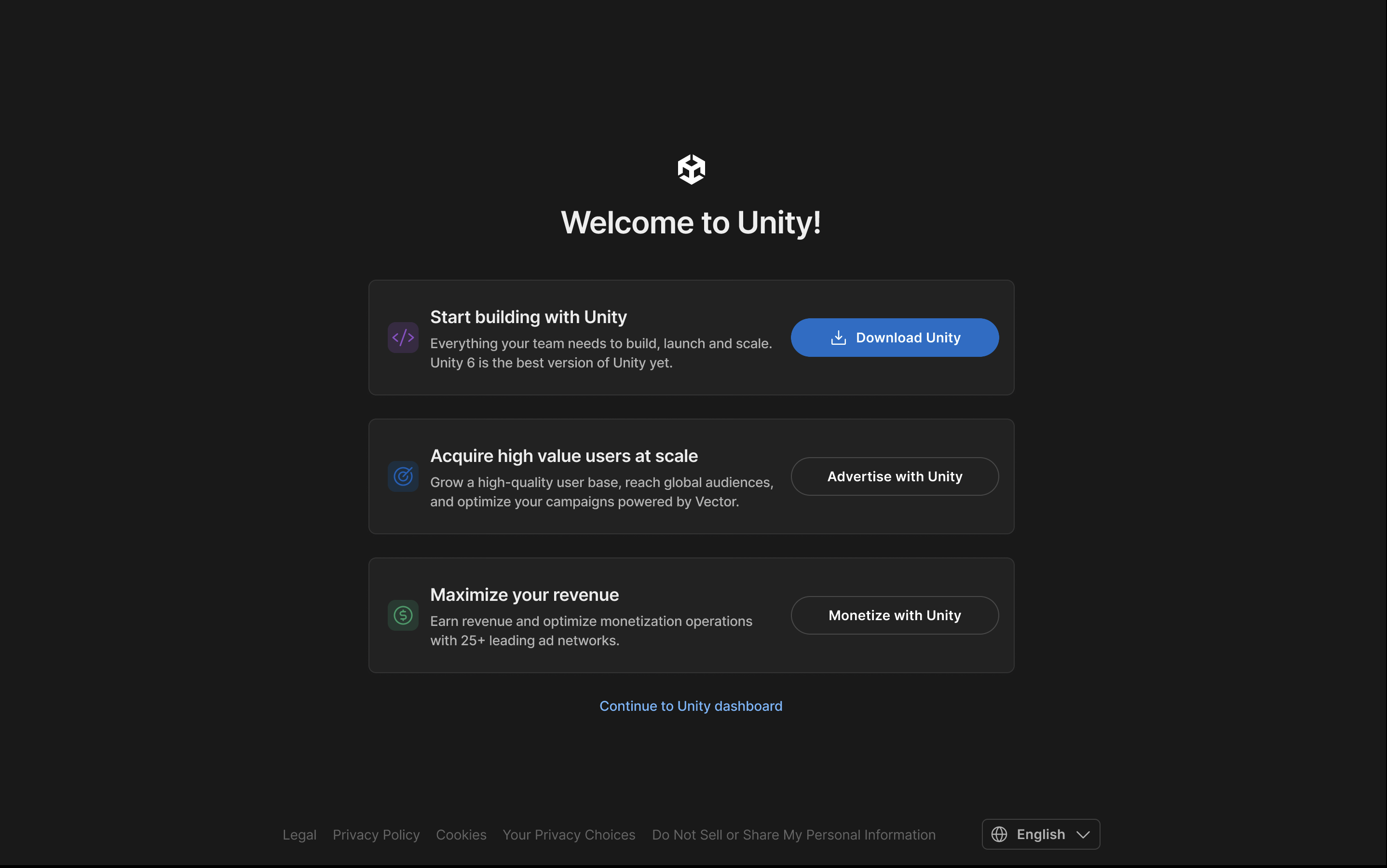 Unity welcome screen routing new customers to creation, user acquisition, monetization, or the dashboard