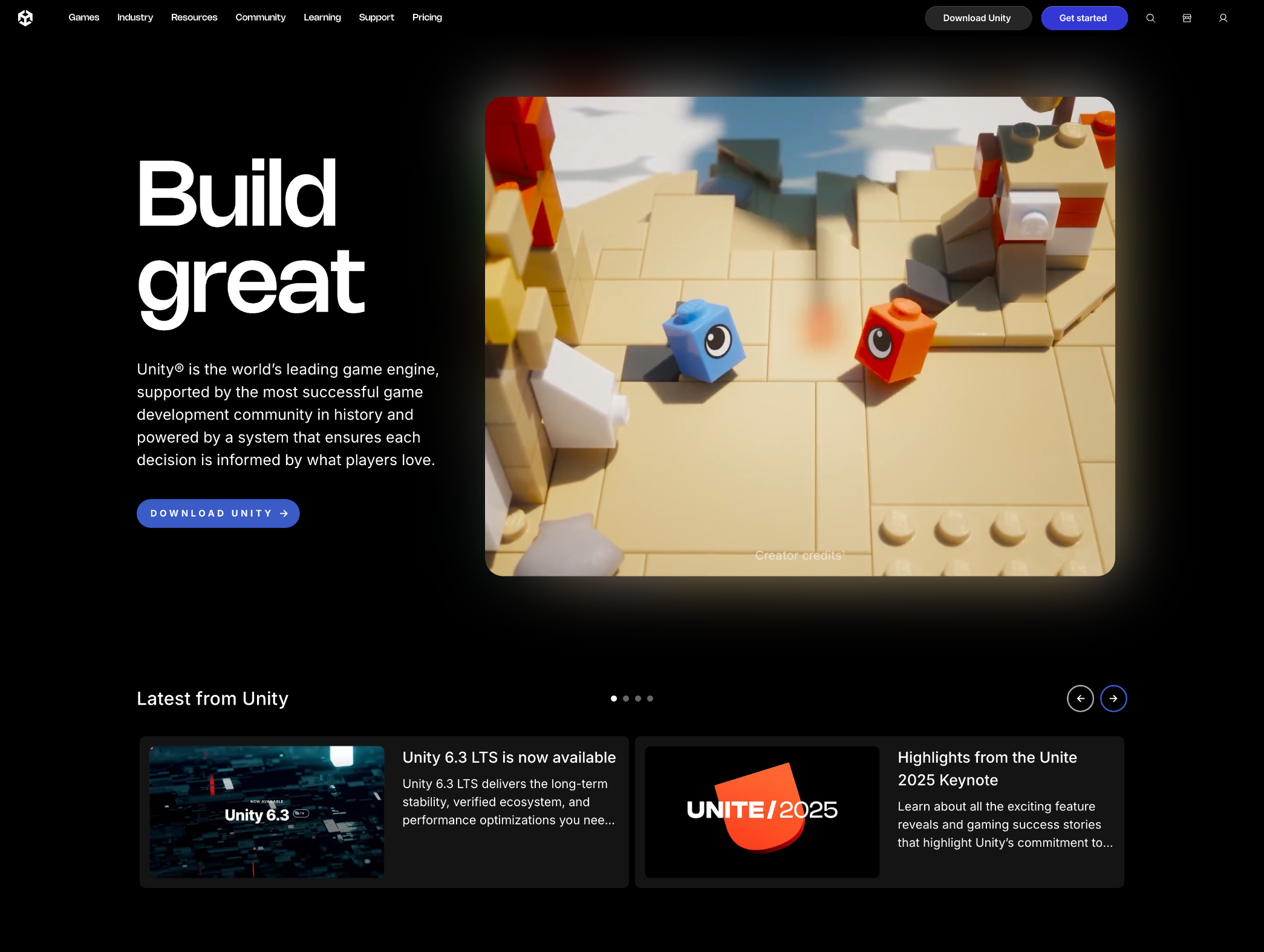 A cropped view of the redesigned Unity.com homepage and its latest product stories